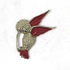 Hummingbird‎ Brooch Gold Tone Red Enamel Vintage Bird Pin